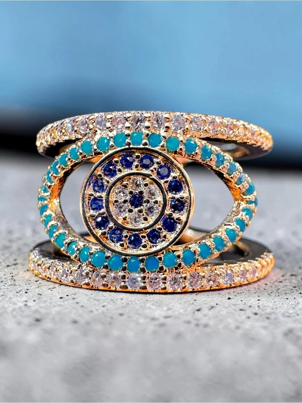 Bohemian Evil Eye Multilayered Crystals Statement Ring. New.